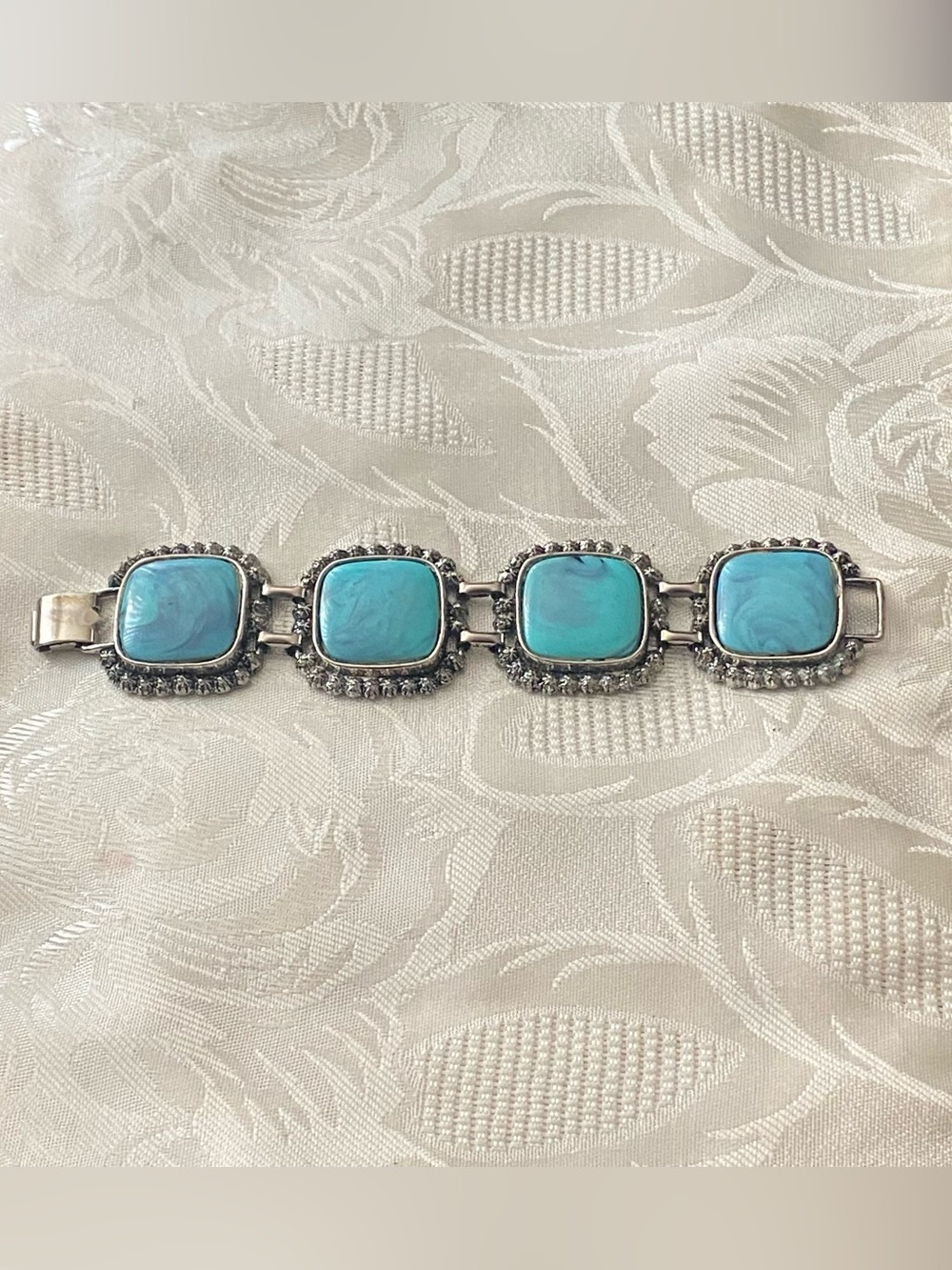Vintage 7.5” Bracelet Faux Turquoise 4 Square Panels Rhinestones Trim Western
